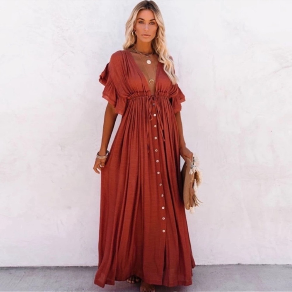 Red Boho Gauze Boho Button Flutter Maxi Dress - Picture 5 of 15
